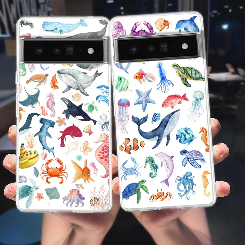 Funda de teléfono para Google Pixel 10 9 8 7 6 9A 8A 7A 6A 5 4 5A 4A 3A Pro XL suave transparente TPU cubierta transparente tema de la vida en el océano