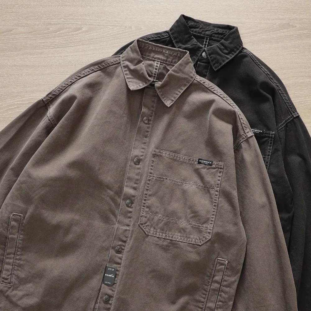 

Retro denim shirt men's autumn trendy embroidered loose casual jacket American distressed washed top for men