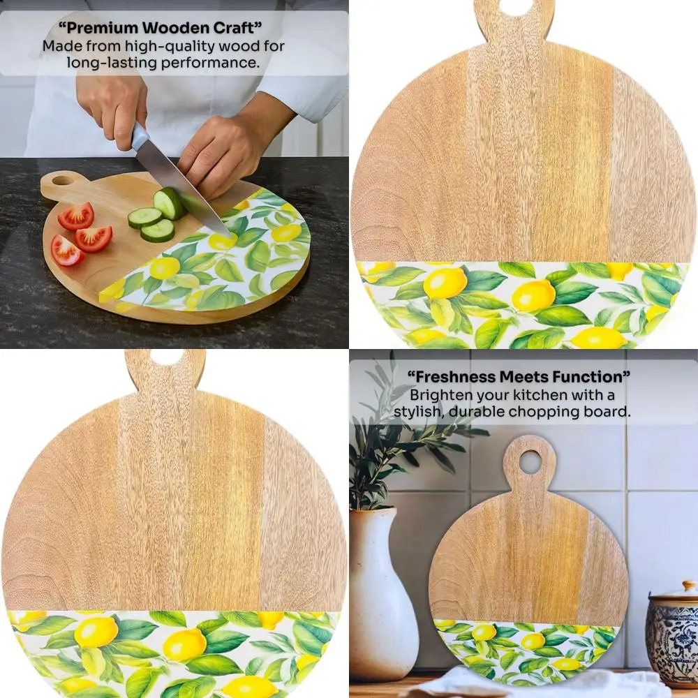 

Medium Mango Wood Cutting Board with Lemon Print - Ideal for Chopping & Serving, 13x16 inches