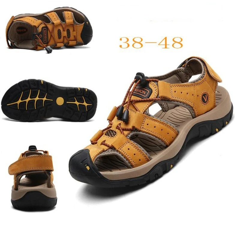 Zapatos de piel auténtica para hombre, sandalias transpirables de talla grande, sandalias de moda, zapatillas de talla grande 38-48