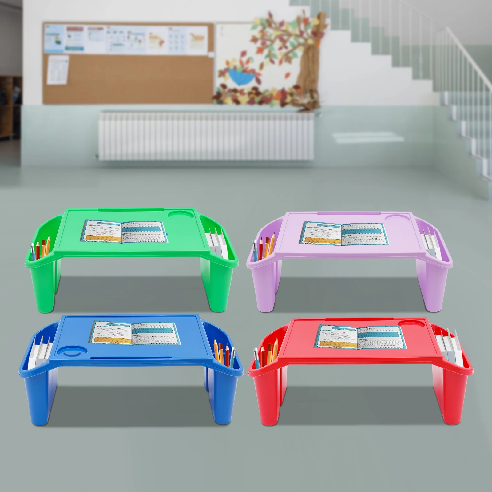 4 Pcs Set Kids Lap Desk Tray, Plastic Breakfast Laptop Trays with Side Pockets