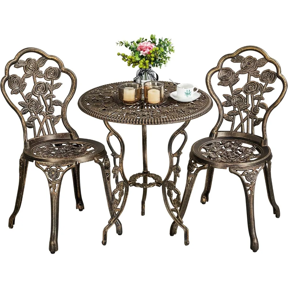 

3-Piece Outdoor Bistro Set Design, Rust-Resistant Cast Aluminum Table and Chairs for Balcony Backyard Garden - Bronze