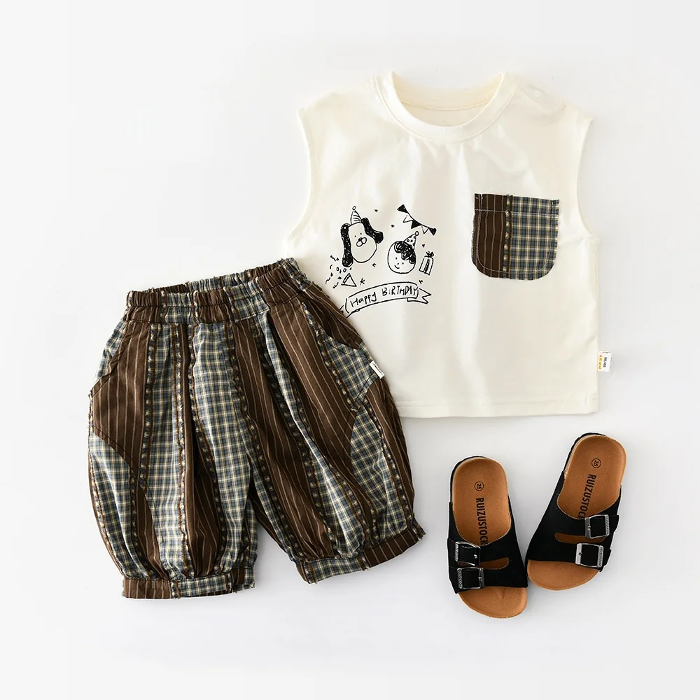 

Summer Casual Kids Set Cute Cartoon Print Sleeveless Tee+Stripe Pants 2Pcs Clothes for Boys Breathable Cotton Outfit