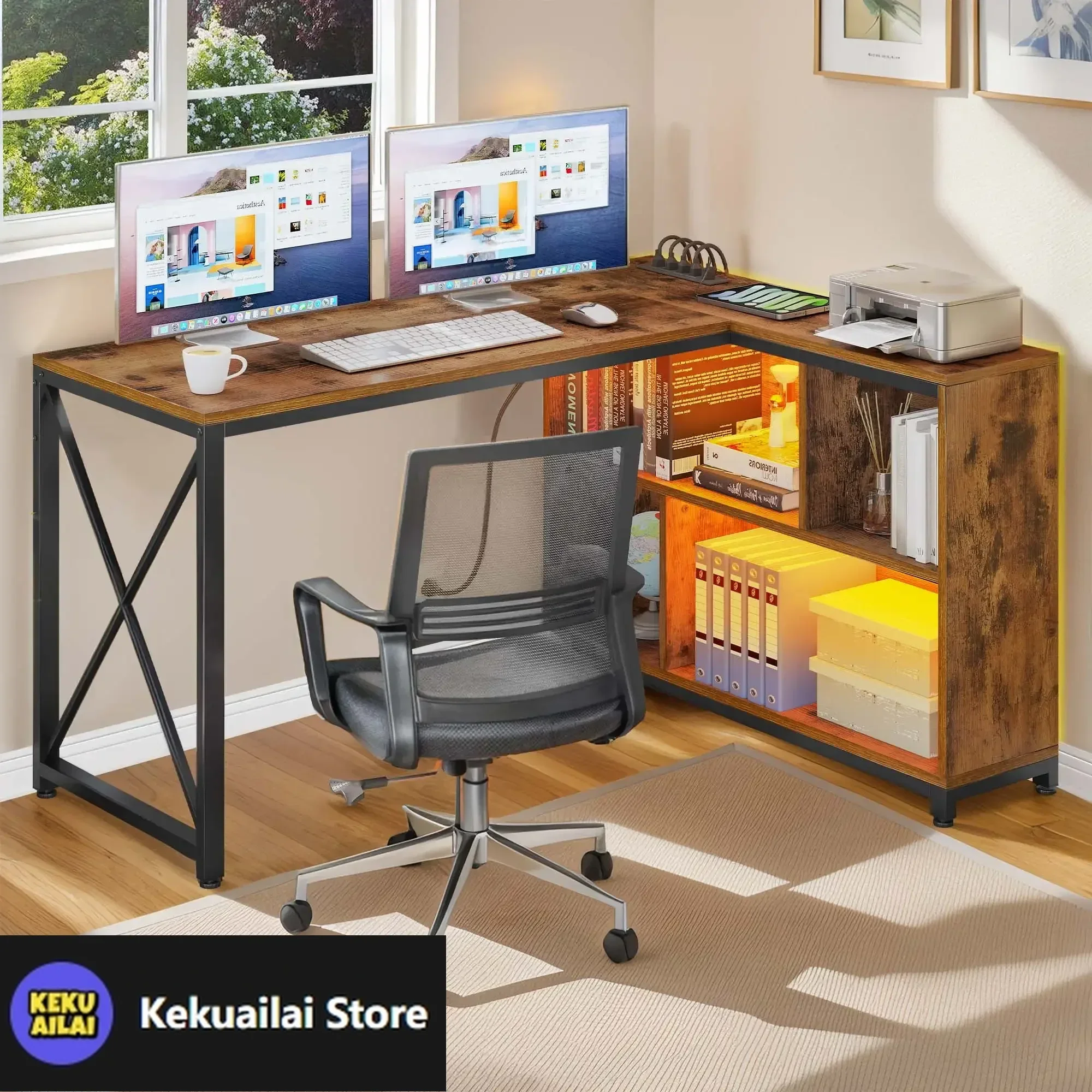 

L-образный стол со светодиодной подсветкой и розетками, компьютерный офисный стол для домашнего офиса, коричневый