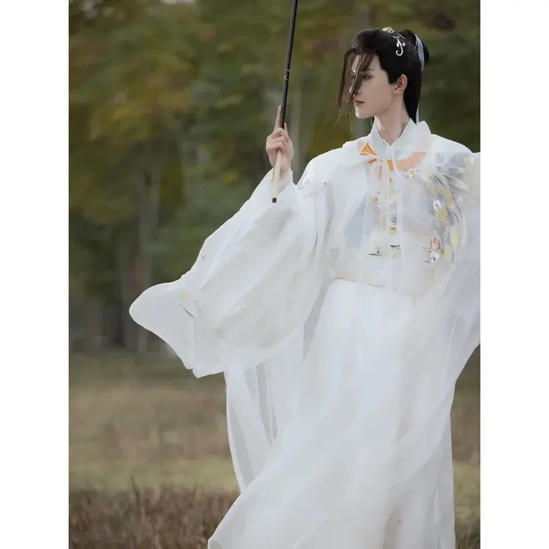 زي هانفو للرجال ثوب مطرز باللون الأبيض النسر عباءة للجنسين من سلالة مينغ الصينية برقبة دائرية رداء الأمراء النبيلة أزياء تنكرية