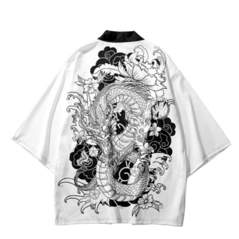 Black and White Drawing Cartoon Dragon Print Traditional Kimono Men Women Cosplay Cardigan Yukata Shirt Japanese Samurai Haori