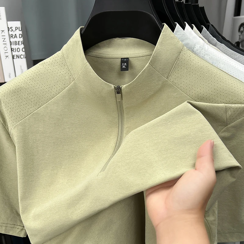 Fashion half zipper stand collar short sleeve men's T-shirt new solid color luxury summer ice silk breathable sports casual top
