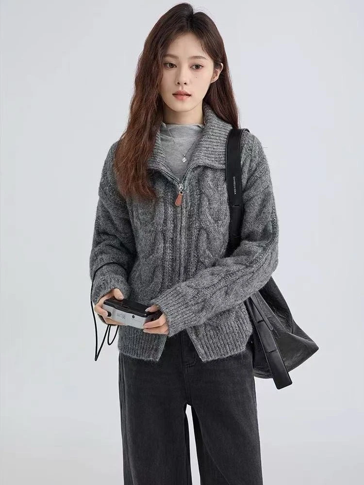 

Женский кардиган с высоким воротником, свитер с длинными рукавами, осенне-зимний новый однотонный офисный свитер на молнии, куртка, корейская мода