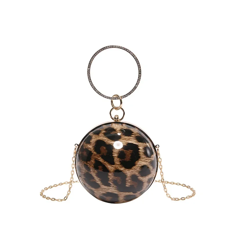 Ring Handle Rhinestones Evening Clutch Bag Designer Shoulder Bag Leopard Printing PVC Crossbody Bag Female Party Purse Handbag