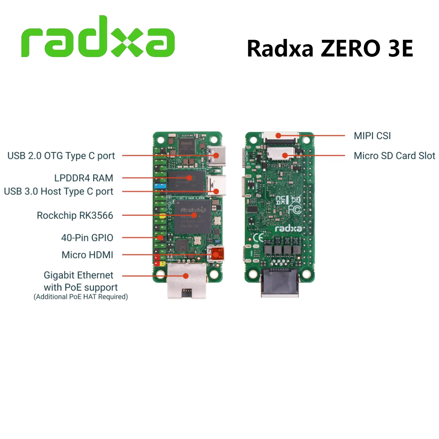 Плата разработки Radxa ZERO 3E RK3566, 4-ядерный процессор, графический процессор, NPU, HDMI с выходом 1080P, комплект Gigabit Ethernet опционально