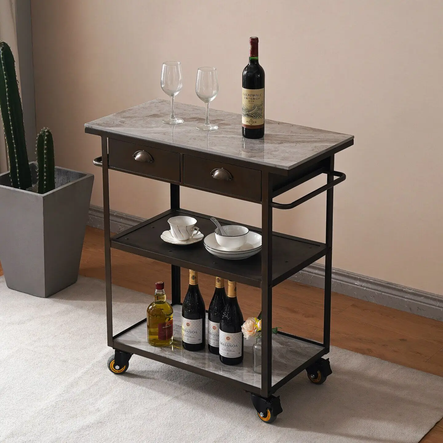 Removable Nakashimadai wrought iron dining side cabinet storage cabinet kitchen console cooking table cutting table with wheels