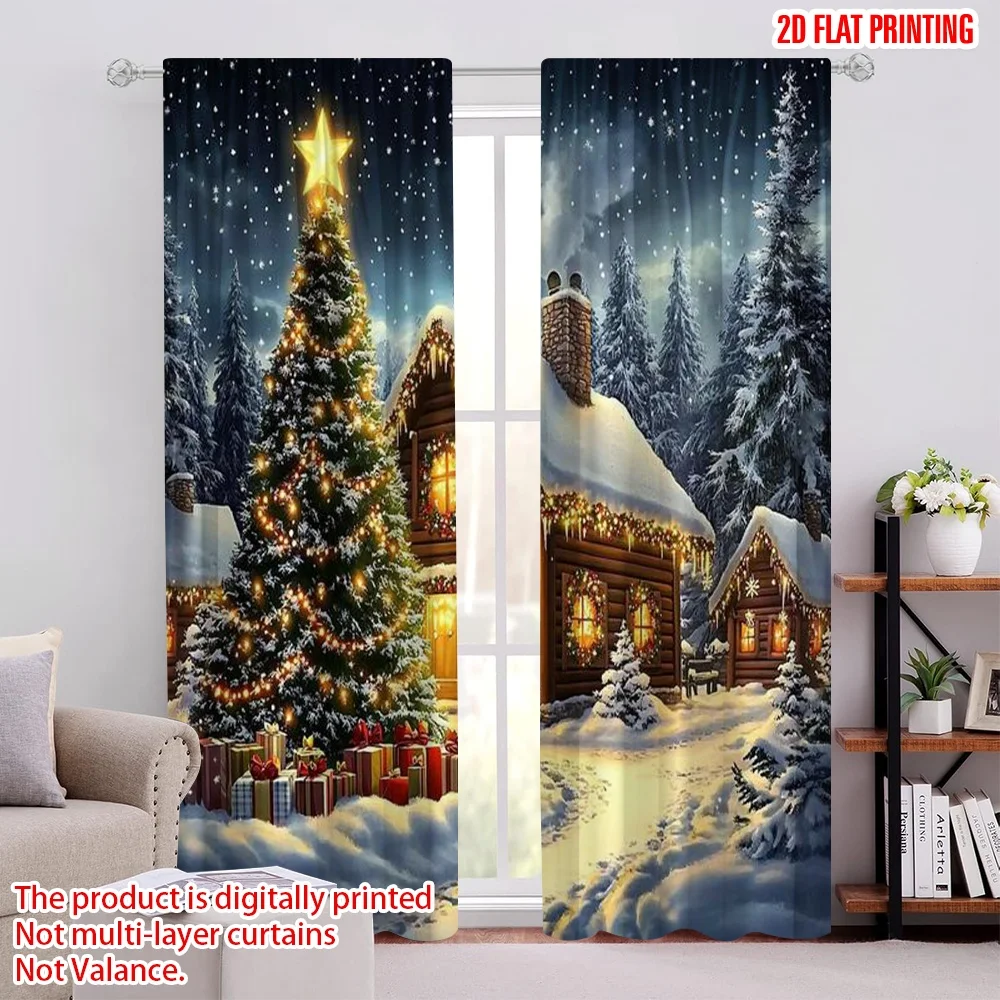 

2pcs 2D flat printing Merry Christmas Scene Curtains Holiday Christmas House Polyester Without Electricity Holiday Decorations