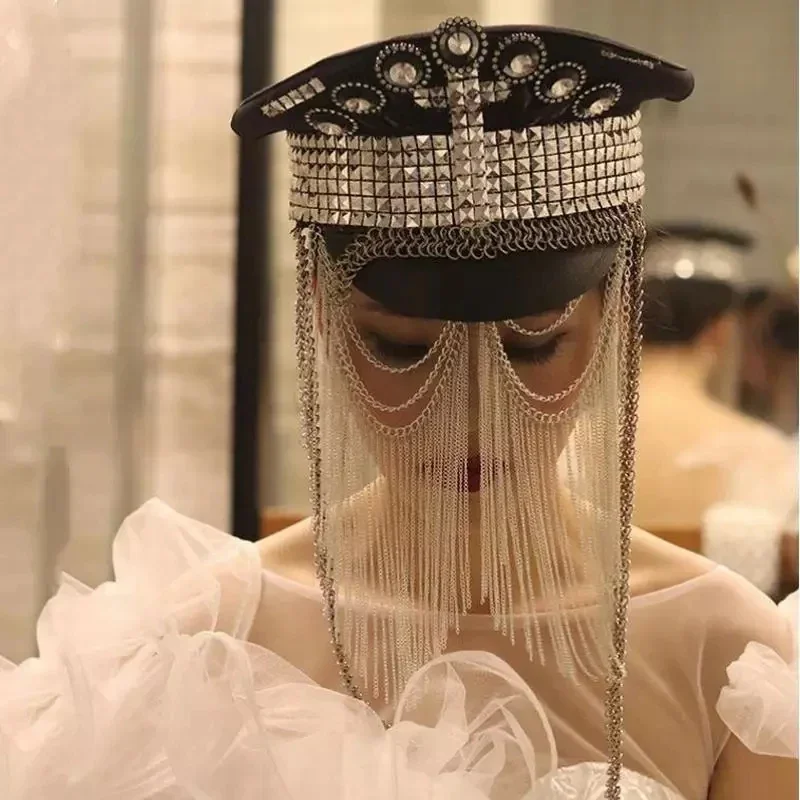 Military Hats Gold Silver River Beading Tassel Army Cap Women Singer Dancer Performance Accessories Bar Club Stage Headgear