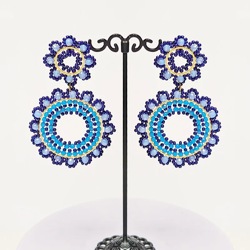 

Beaded earrings Roundness Flowers Originality Crystal Double-deck Hand knitting Bohemia Alloy Tide Simple Rice bead earrings