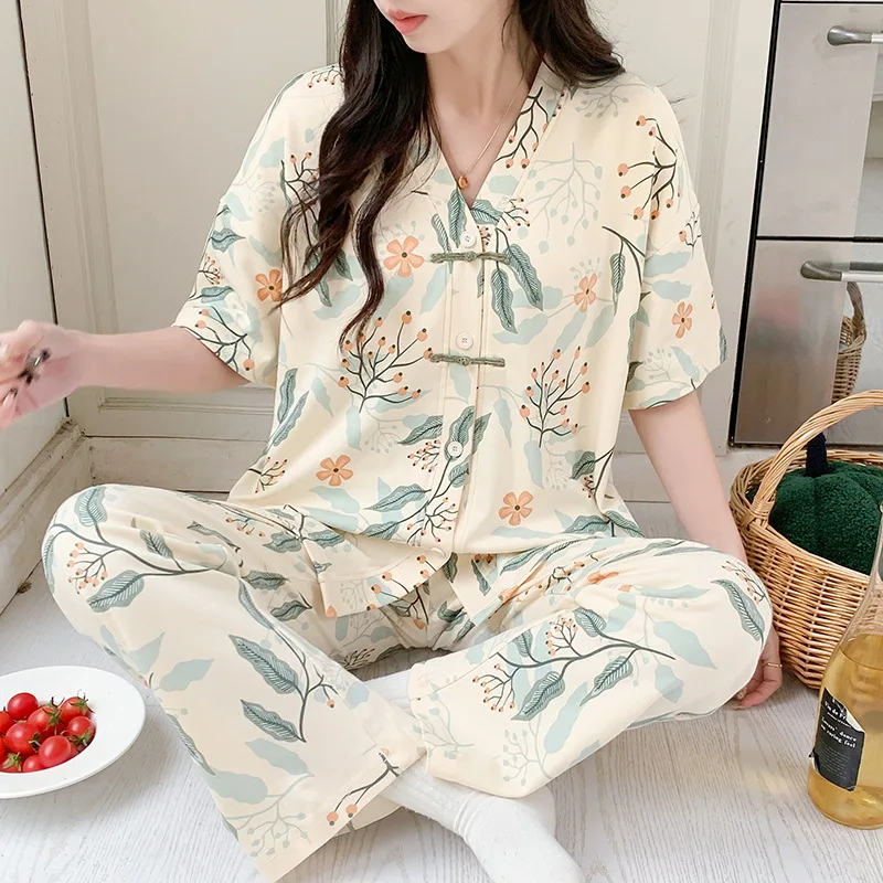 Pjs Women Cotton Pajama Style Sleepwear Pijamas Plus Size Nightwear Summer Women\'s Short Sleeved Long Pants Cardigan Pajama Set