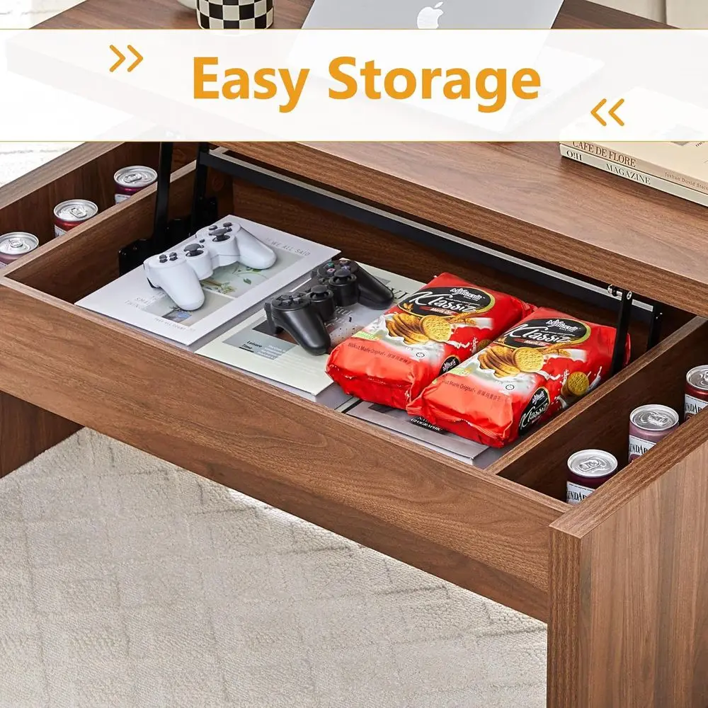 Mid-Century Rectangular Lift-Top Coffee Table with Storage, Walnut Finish for Compact Spaces