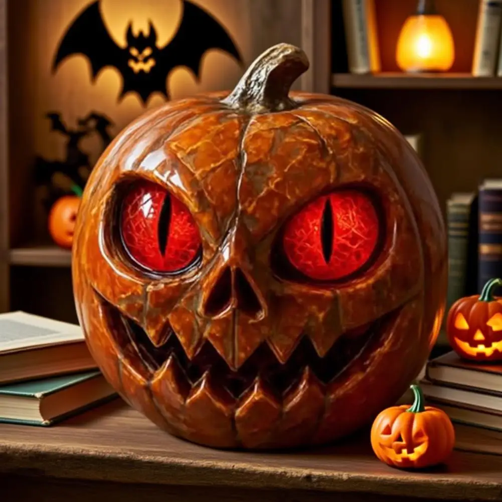 Pumpkin Statue Handmade Red-eyed Pumpkin Figurine Elegant Halloween Shelf Decor with Amber Eyes Marble-look Resin for Home