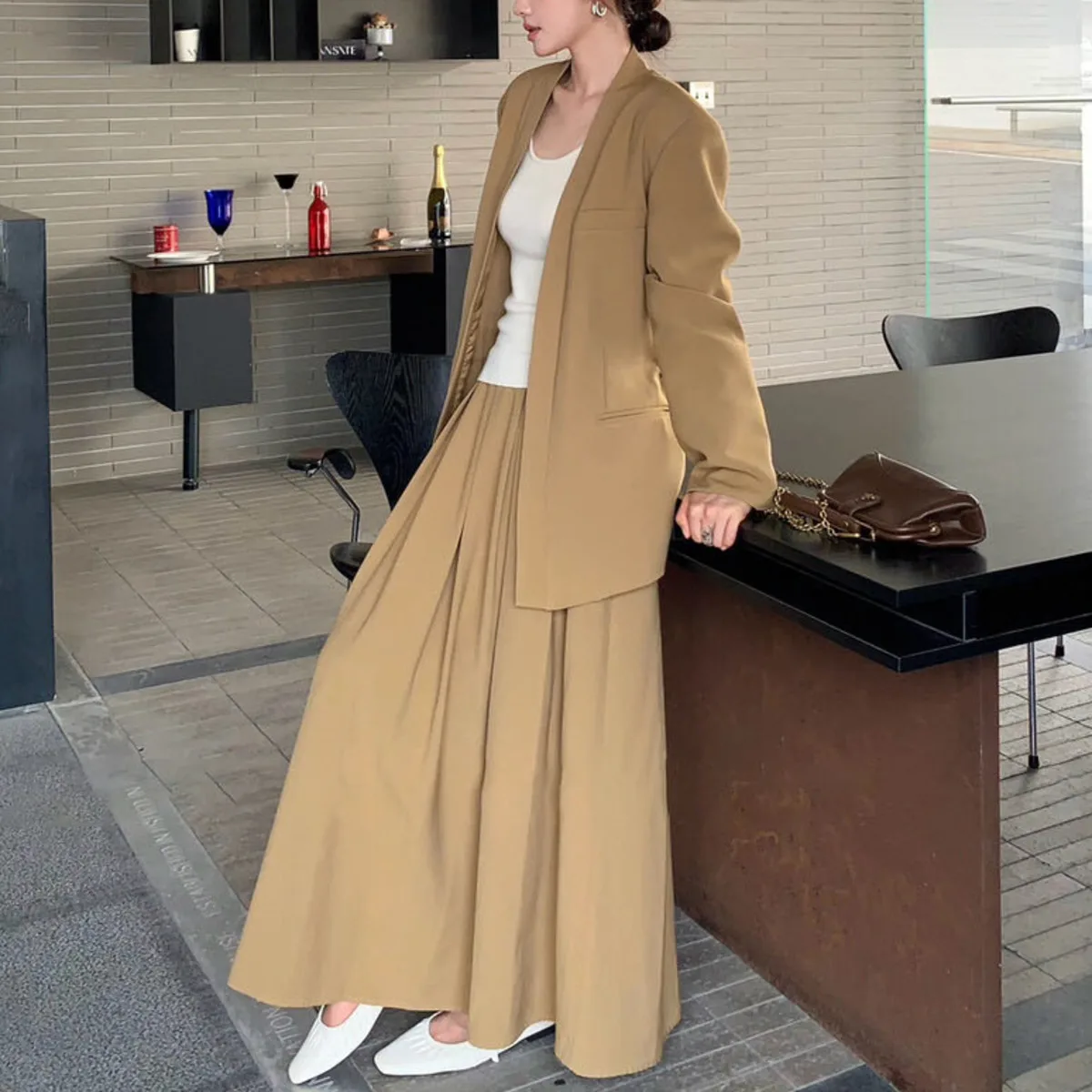 KWTX 2025 Retro linnen pakset dames blazer met V-hals en hoge taille rok outfit met tailleband elegante kantoorkleding herfstjas