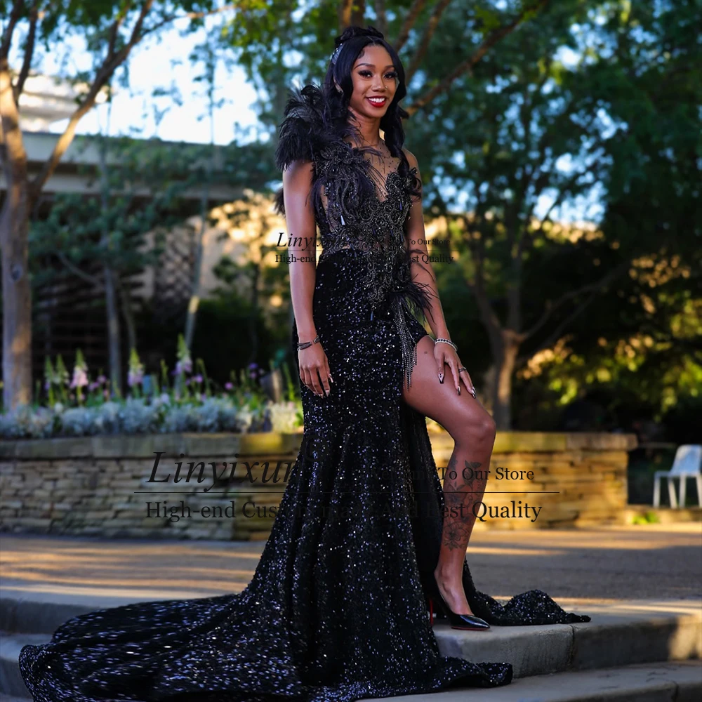 

Exquisite Glitter Sequin Prom Dresses Women Sparkly Mermaid Evening Party Gowns Customized Feather Side Slit vestido madrinha
