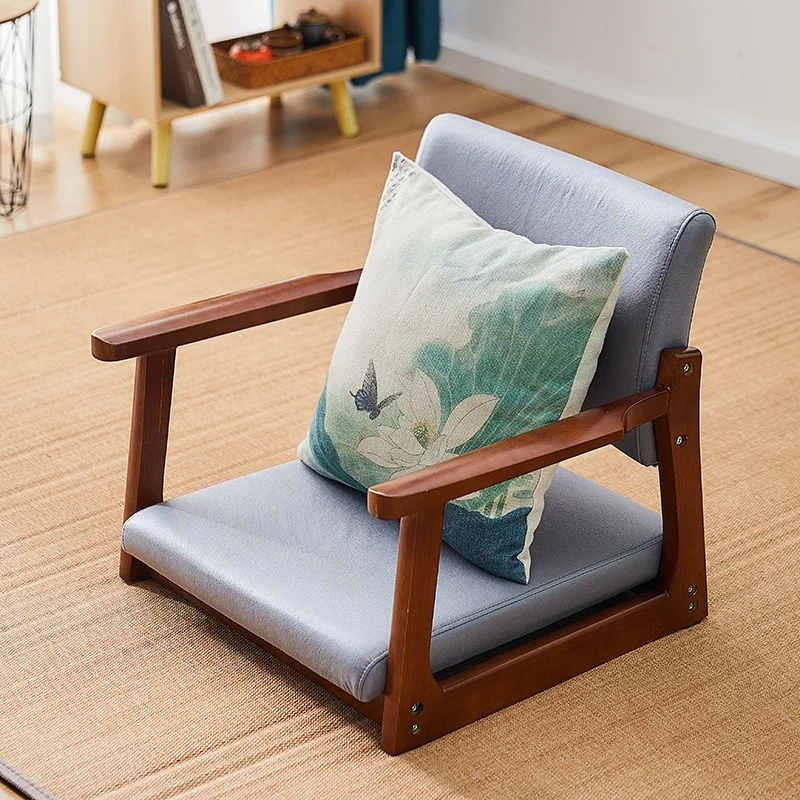 Japanese Bay Window Floor Chair Solid Wood Armrest Seat for Tatami Legless Meditation Stool