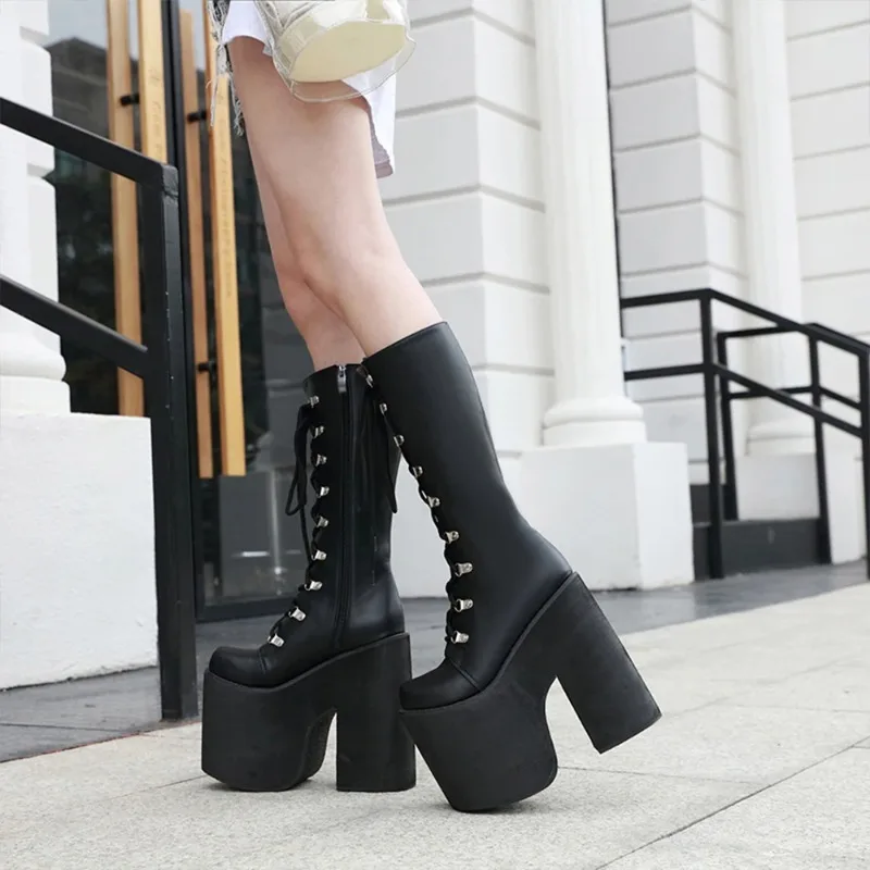 Women's Y2K Side Zipper Platform Boots Knee High Motorcycle Boots Black Closed Toe Lace Up Long Boots