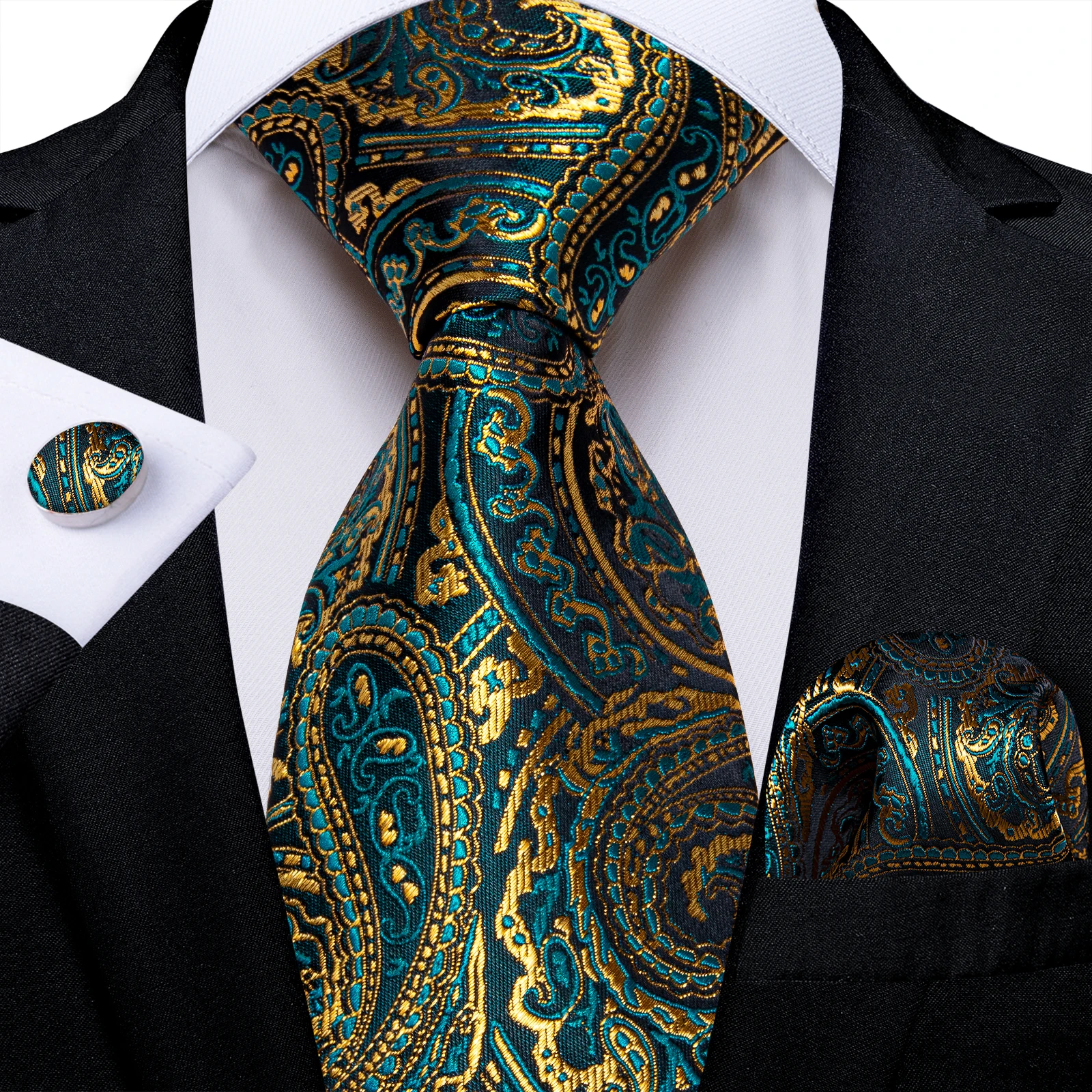 Grüne und goldene Paisley-Krawatten für Herren, Brosche, Einstecktuch, Manschettenknöpfe, Business-Hochzeitsanzüge, Bräutigam-Accessoires, Geschenk – Detail 8