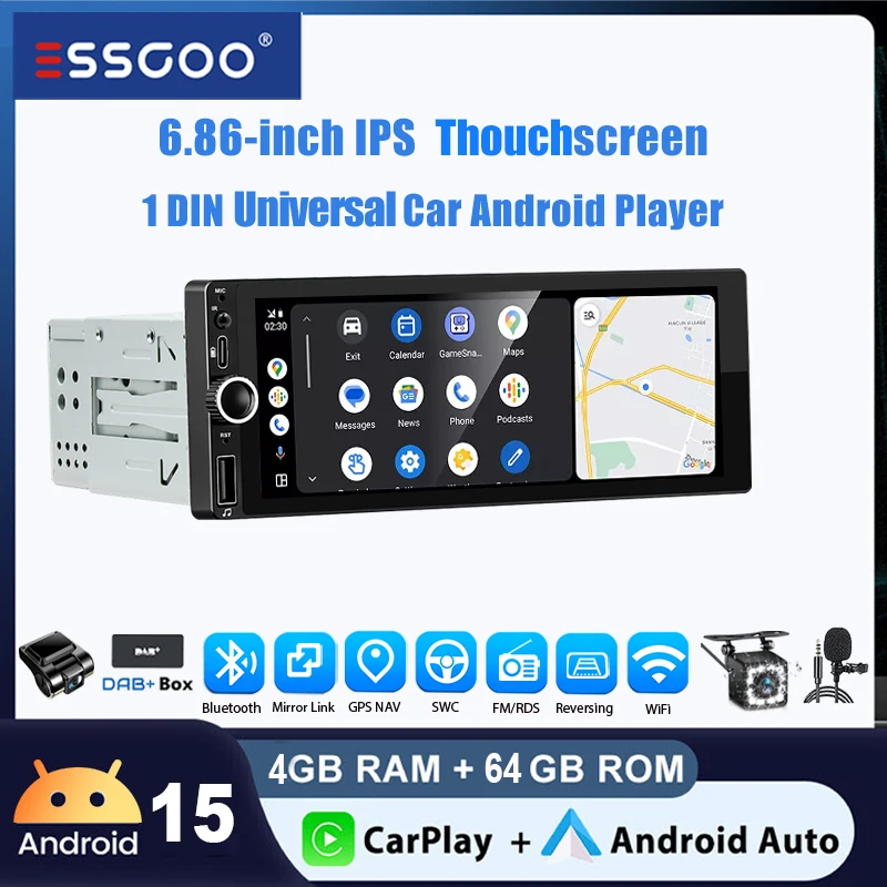 Universal Autoradio ESSGOO 6.86" 1DIN Android15 4+64 GB Wireless CarPlay Bluetooth USB Typ-C GPS Navigation WiFi RDS FM 2+64 GB Lenkradsteuerung Mirror Link Android Auto