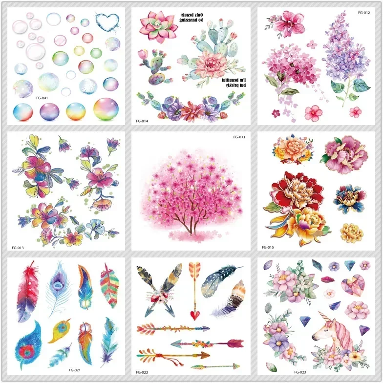 Glitter Tattoo Stickers Flower Tree Flash Tattoo Feathers Bubble autoadesivo del tatuaggio temporaneo Body Art Fake Taty Tatuagem