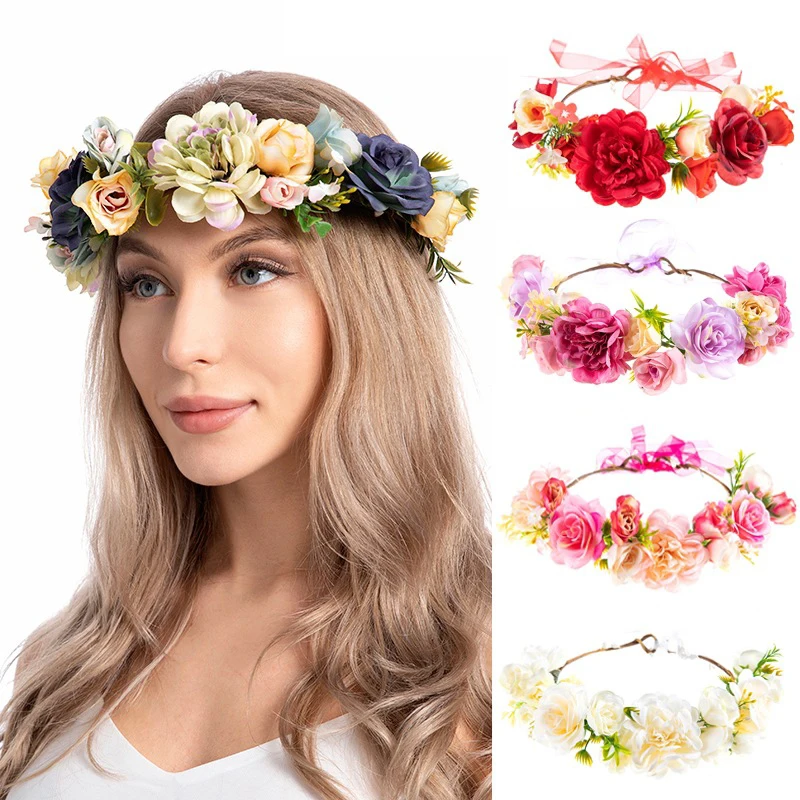 Rose Crown Hair Band Women Girls Spring Summer Beach Garland Girl Flower Wreath Wedding Floral Headband Party Wedding Headpiece