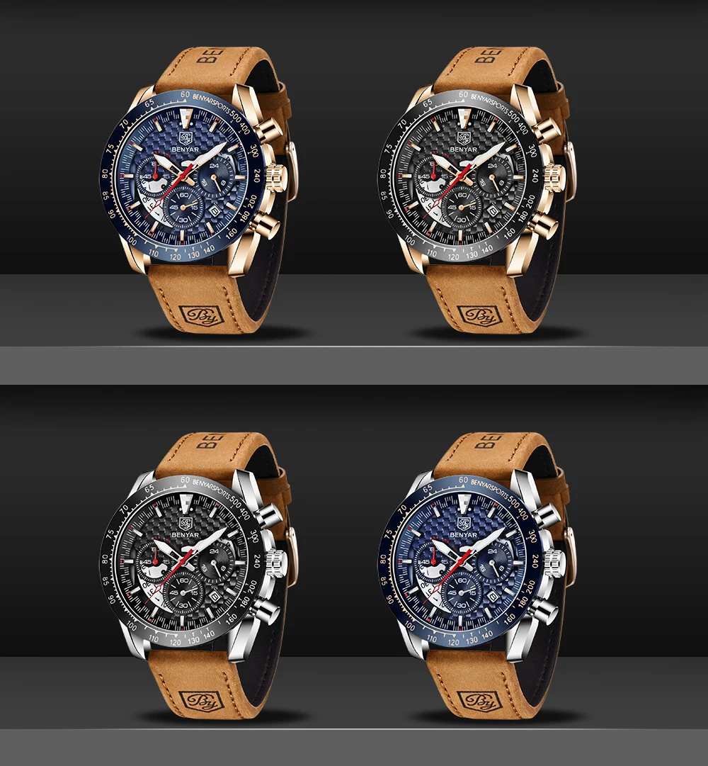 BENYAR Top Brand New Men Watches Leather Strap Luxury Waterproof Sport Quartz Chronograph Military Watch Men Clock Reloj Hombre