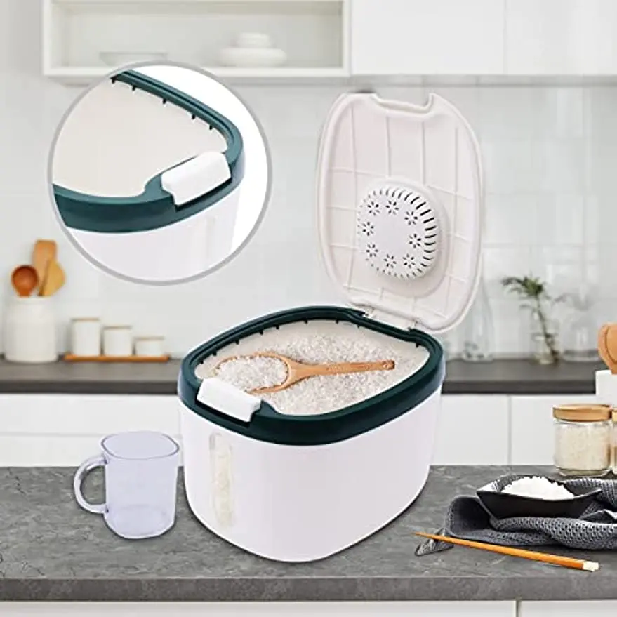 Rice Dispenser Kitchen Container Airtight Dispenser Grain Sealed Jar Flip Cover Bucket with Measuring Cup Dry Food Storage