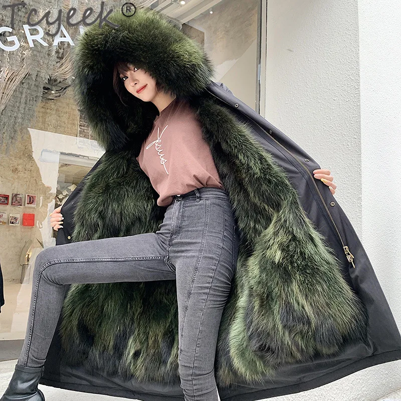 

Tcyeek Fox Fur Parka winter Women Clothes Liner Detachable Coat Famale Fashion Elegant Real Fur Jackets Warm Raccoon Fur Collar