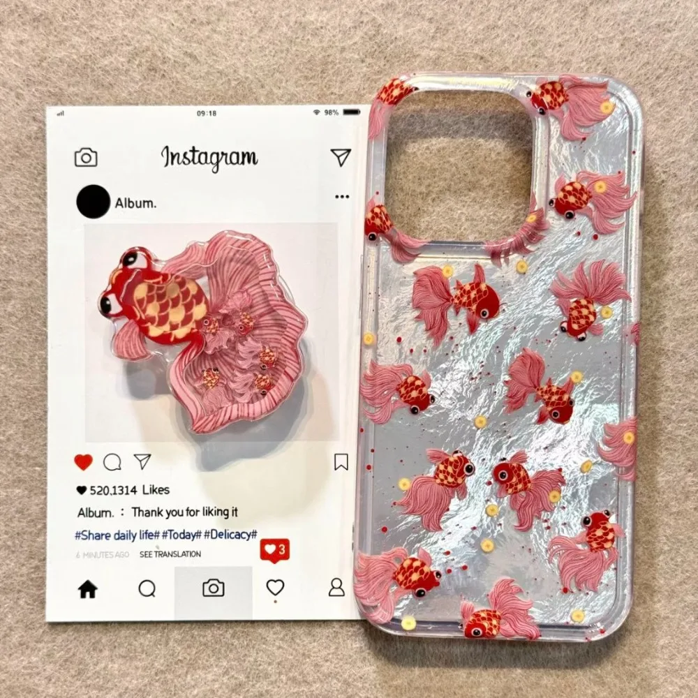 

Phone Case For iPhone 16 15 14 13 12 11 8 7 X XS XR Pro Max Plus INS Chinese Style Good Luck Koi Print Cover with Shake Holder