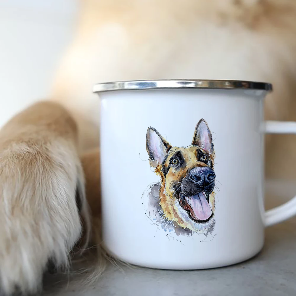 German Shepherd Printed Creative Enamel Coffee Tea Mugs Camping Adventure Beer Drink Juice Cups Handle Mug Gifts for Dog Lovers