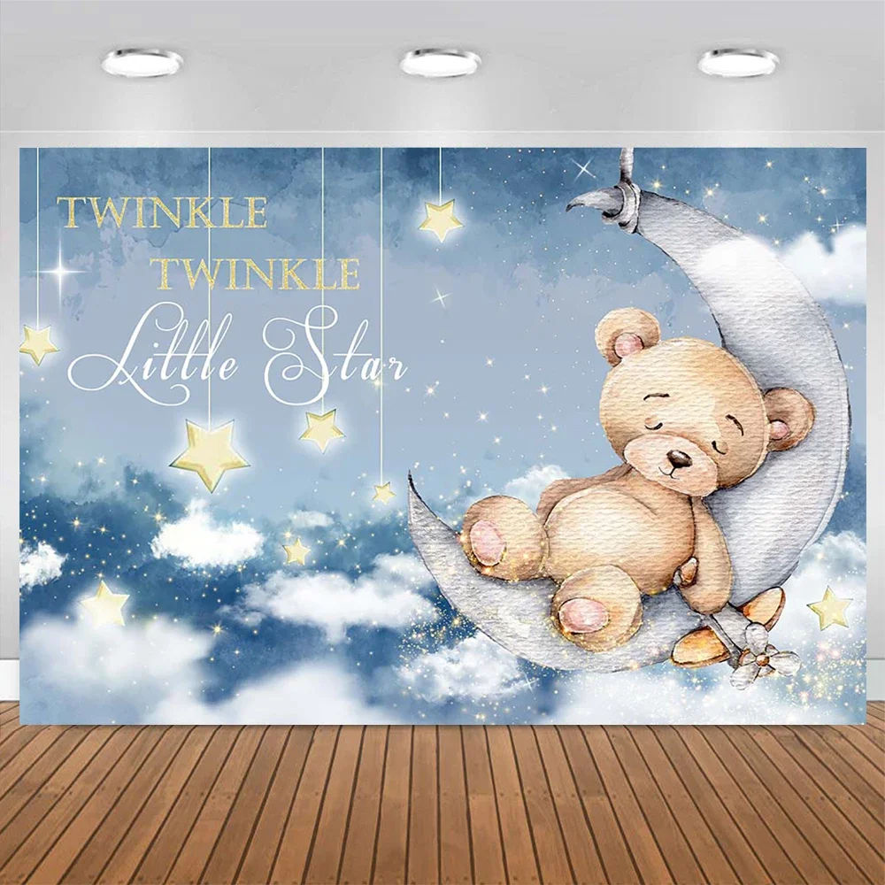 Teddy Bear Baby Starry Night Decoration Background Twinkle Sparkling Moon Toy Airplane Shiny Backdrop Kids Birthday Party Photo