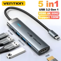 Vention 5 in 1 USB C 3.2 3.0 HUB 4K 60Hz HDMI 100W Adaptör Splitter Çoklu Bağlantı Noktası Genişletme MacBook Pro Samsung Xiaomi PC Dizüstü Bilgisayar