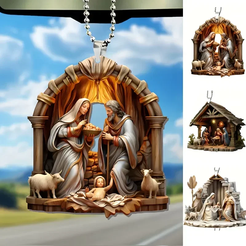 2026-Christmas Tree Jesus Pendant Ornament Family Prayer Scene Pendant Bright Colored Car Decoration Pendant Home Decorations