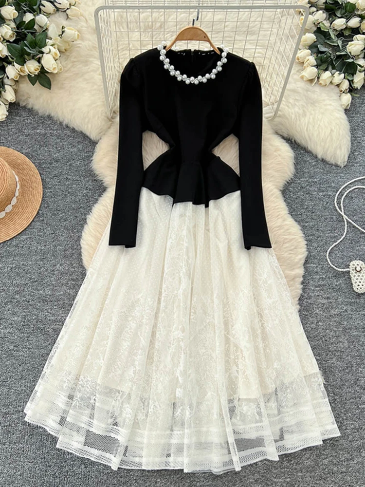 

Spring/Autumn New Korean Fake Two Piece Dress for Women Fashionable Elegant Retro Top Mesh Birthday Party Dress S272