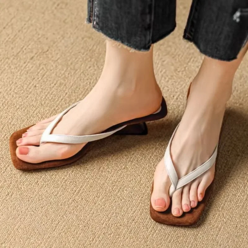 2025New Style Roman Flip Flops Square Head Wedge Heel Sandals for Women Summer Outdoor Wear Open Toe Low Heel Sandals Large Size