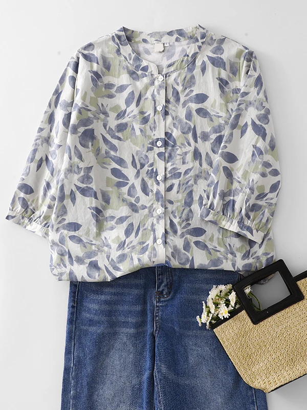 Loose Fit Linen Shirt Women Summer Casual Floral Print Seven Sleeve Stand Collar Cotton Linen Slimming Top Commute Style