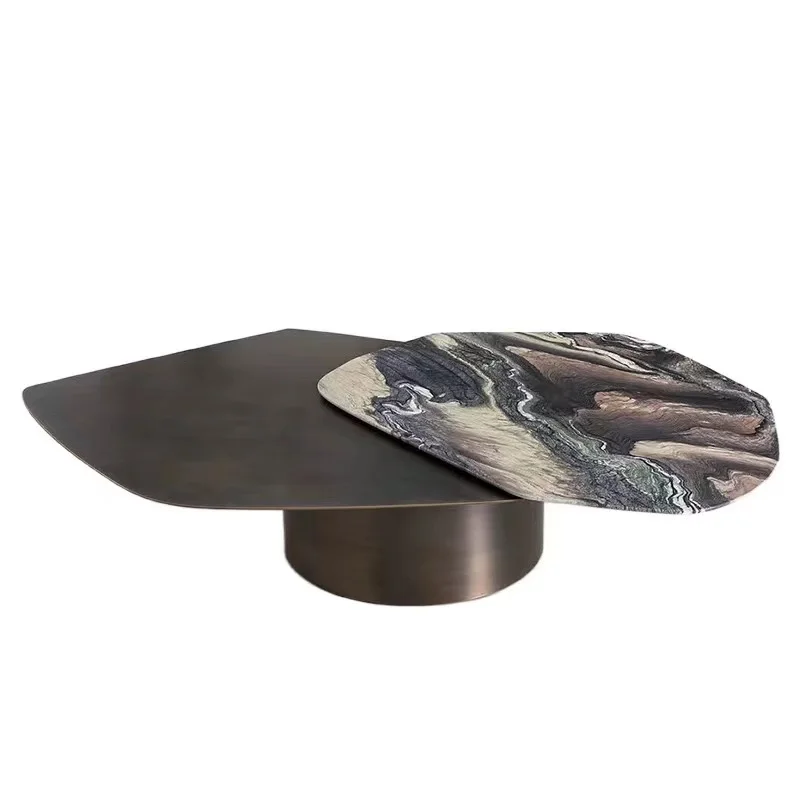 *#g for Bronze Stainless Steel Coffee Table with Revolving Natural Marble Top Gold Metal Marble Combination Center Table*