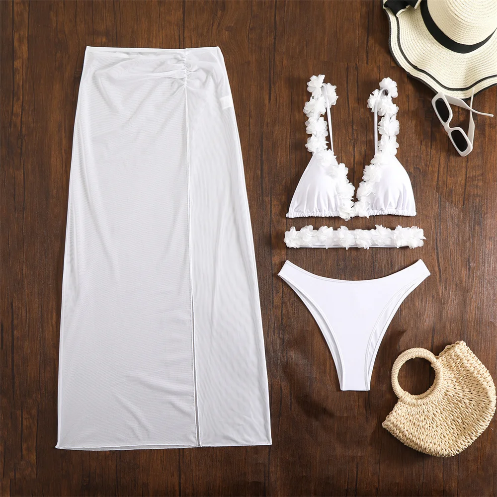 

3D Flowers Swimsuit High Slit Mesh Skirt String Bikini Lace Swimwears Women Backless Beach Outfit Vacation Bikinis Bathing Suit