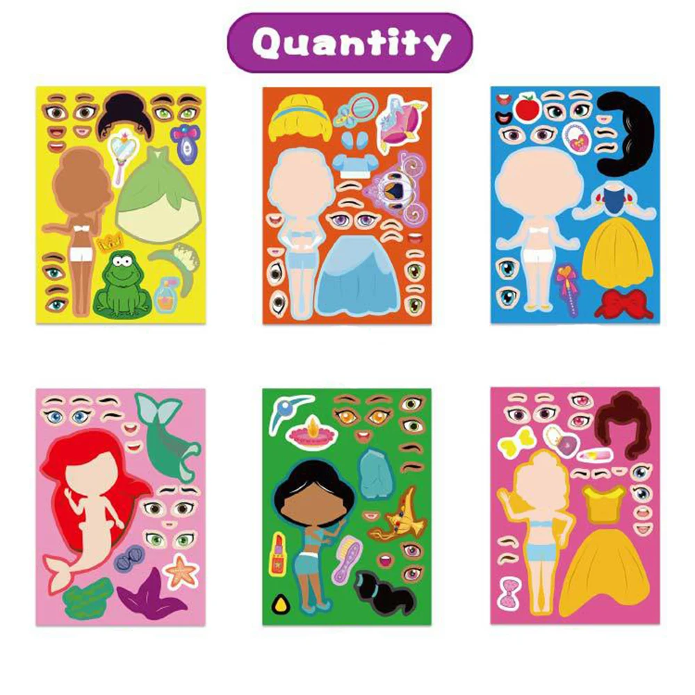 6/12Sheets Cute Disney Princess Puzzle Stickers Children Game Make-a-Face Assemble Jigsaw DIY Kids Toys Party Gift For Girls