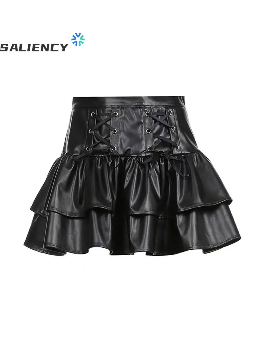 SALIENCY Original Design Girl Pleated PU Leather Puffy F Skirt with Anti-Exposure High Waist Mini Skirt Womens Sexy Skirt