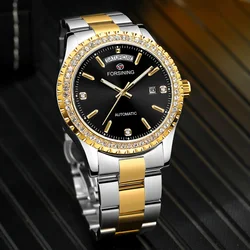 FORSINING 3D Diamond Luxury Gold Automatic Men's Watch Stainless Steel Mechanical Waterproof Wristwatches Business Male Clock