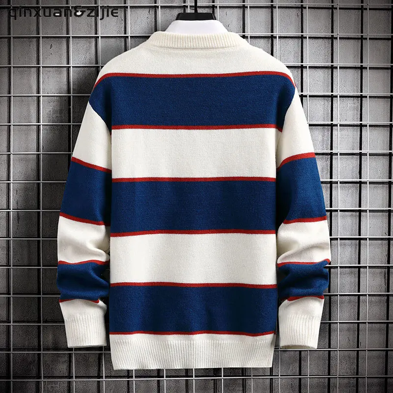 Knitted Sweater Men Cartoon Striped Print Pullover Harajuku Casual O-neck Oversize Top Streetwear Unisex Fall Fashion Korean