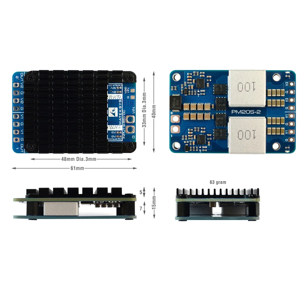 MATEKSYS MATEK PM20S-2 POWER MODULE 4-20S Lipo With Two Independent Step-Down Voltage Regulators 9V-85V DC IN For RC FPV Drone