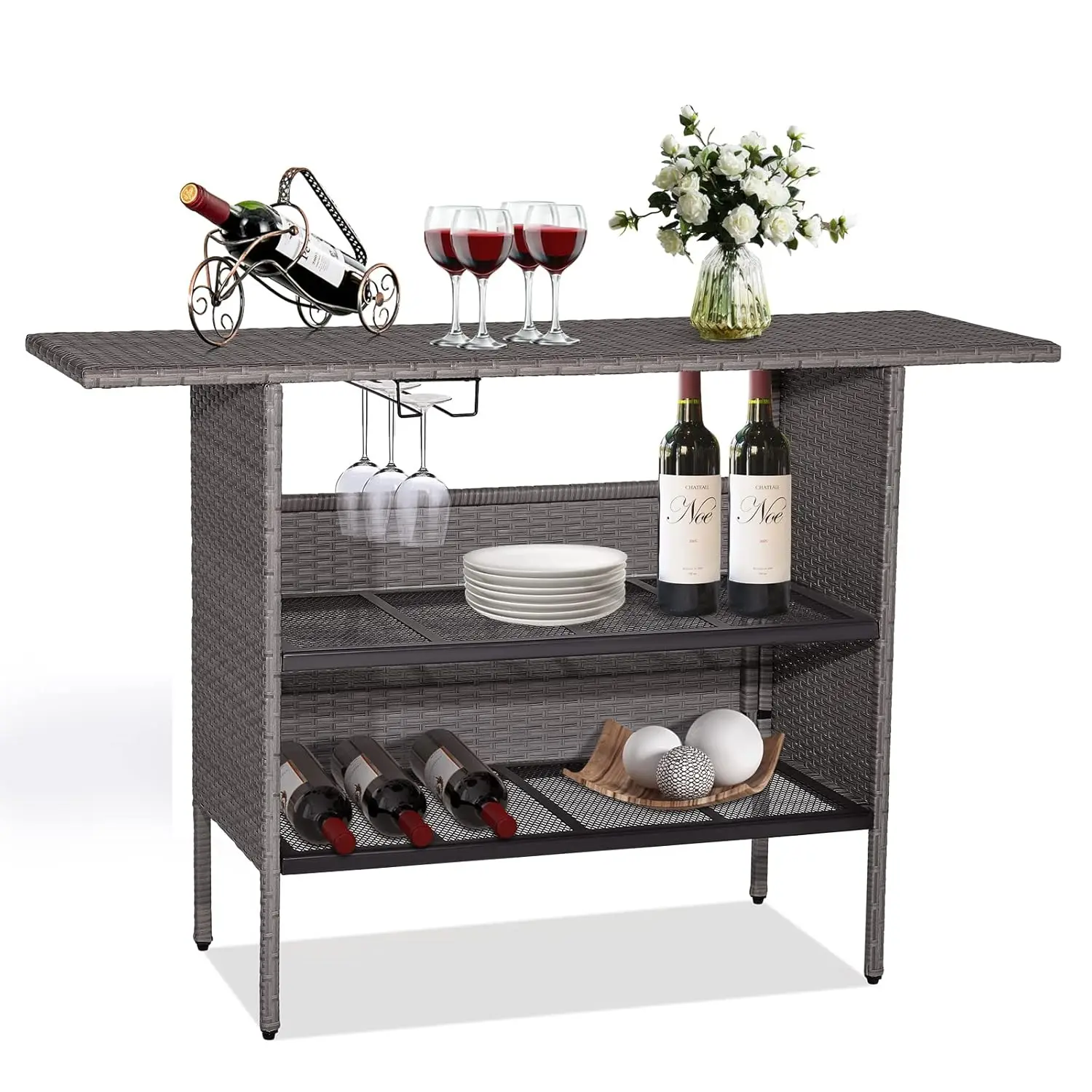 Mesa de Bar de Mimbre para Patio de 55'' de Ancho con 2 Estantes y Barandas de Vidrio, Estructura Metálica, para Uso Junto a la Piscina o en el Patio Trasero, Color Gris Mixto, Personalizable