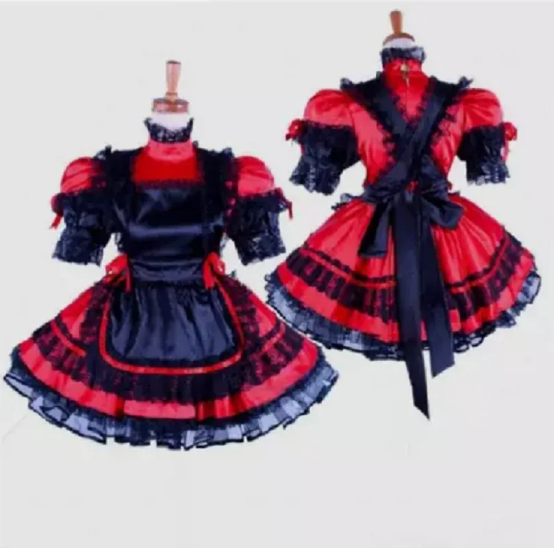 

Hot selling Sissy Girl Maid with lockable red satin dress, cosplay costume, tailor made customization