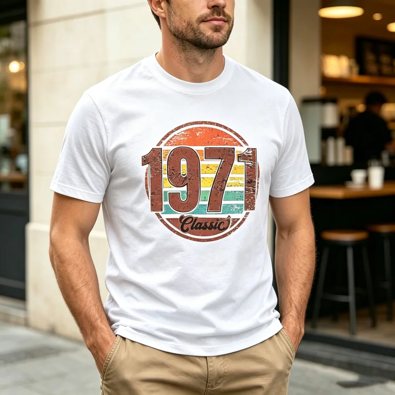 1971 Retro Graphic T Shirt Men Classic Vintage Rainbow Circle Print Tee Cotton Casual Short Sleeve Birthday Gift Tops Unisex